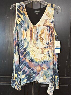 Karen Kane Navy, Cream, Gold Tie-Dye V-Neck Sleeveless Top